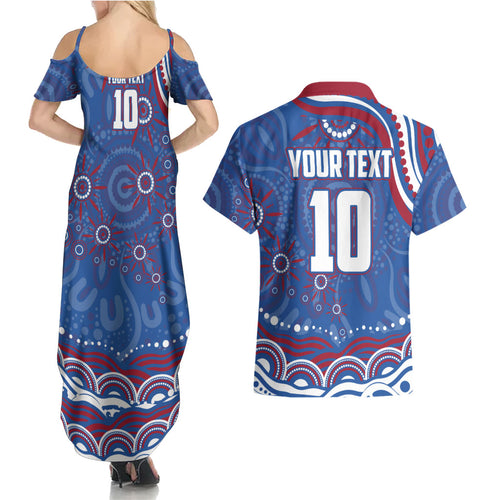 Personalized Western Bulldogs Football Mascot Couples Matching Summer Maxi Dress and Hawaiian Shirt Aboriginal Dot Art - Dreamtime Football Mascot