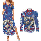 Personalized Western Bulldogs Football Mascot Couples Matching Summer Maxi Dress and Long Sleeve Button Shirt Aboriginal Dot Art - Dreamtime Football Mascot