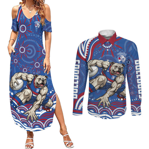 Personalized Western Bulldogs Football Mascot Couples Matching Summer Maxi Dress and Long Sleeve Button Shirt Aboriginal Dot Art - Dreamtime Football Mascot