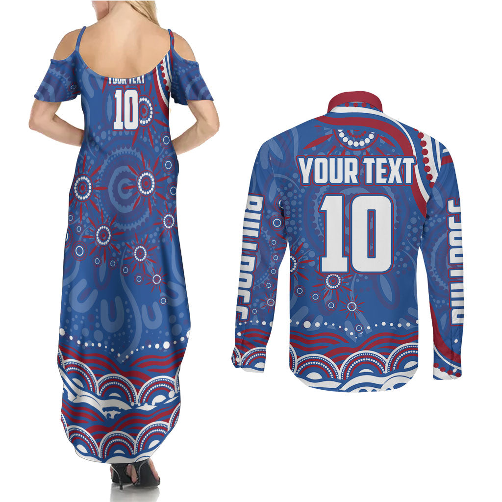 Personalized Western Bulldogs Football Mascot Couples Matching Summer Maxi Dress and Long Sleeve Button Shirt Aboriginal Dot Art - Dreamtime Football Mascot