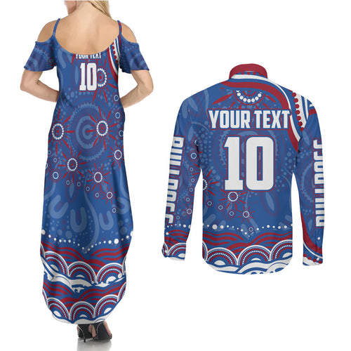 Personalized Western Bulldogs Football Mascot Couples Matching Summer Maxi Dress and Long Sleeve Button Shirt Aboriginal Dot Art - Dreamtime Football Mascot