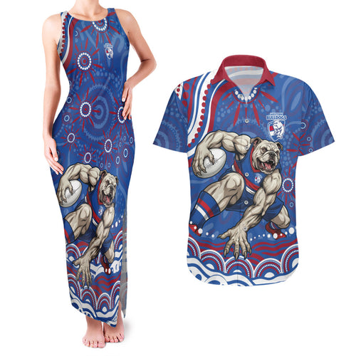 Personalized Western Bulldogs Football Mascot Couples Matching Tank Maxi Dress and Hawaiian Shirt Aboriginal Dot Art - Dreamtime Football Mascot