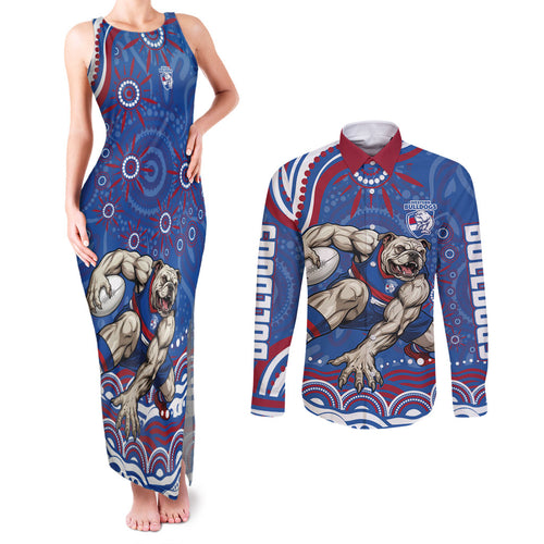 Personalized Western Bulldogs Football Mascot Couples Matching Tank Maxi Dress and Long Sleeve Button Shirt Aboriginal Dot Art - Dreamtime Football Mascot