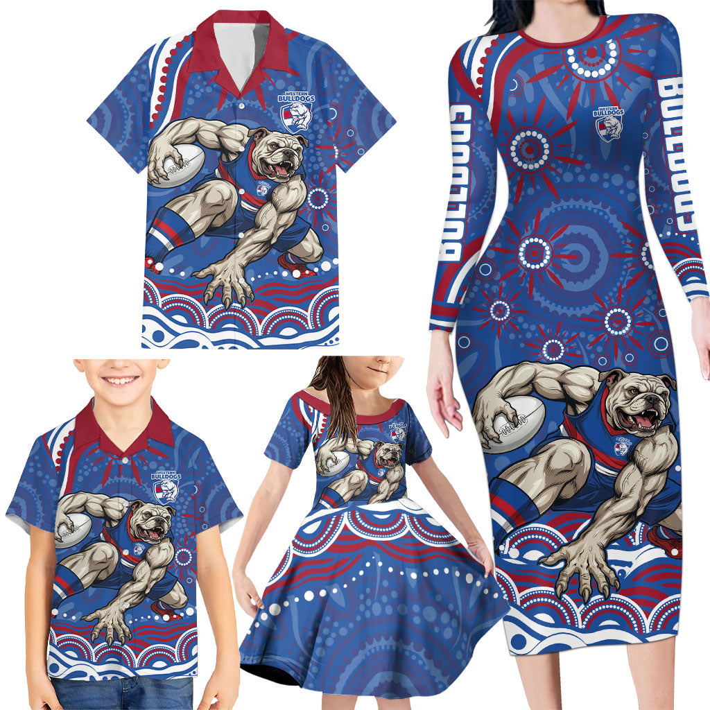 Personalized Western Bulldogs Football Mascot Family Matching Long Sleeve Bodycon Dress and Hawaiian Shirt Aboriginal Dot Art - Dreamtime Football Mascot