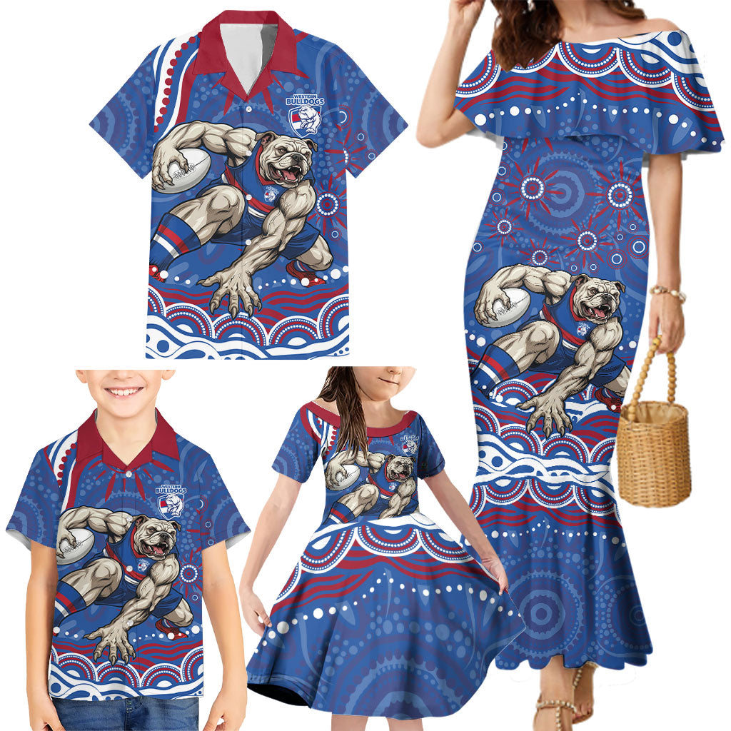 Personalized Western Bulldogs Football Mascot Family Matching Mermaid Dress and Hawaiian Shirt Aboriginal Dot Art - Dreamtime Football Mascot