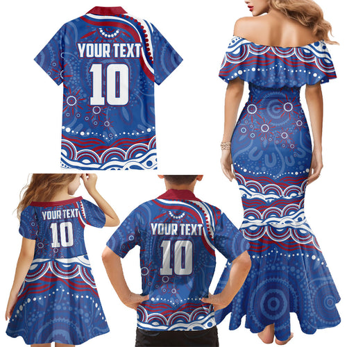 Personalized Western Bulldogs Football Mascot Family Matching Mermaid Dress and Hawaiian Shirt Aboriginal Dot Art - Dreamtime Football Mascot