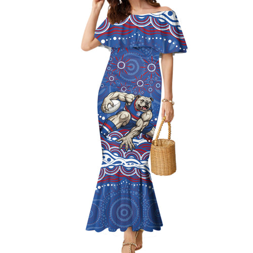 Personalized Western Bulldogs Football Mascot Family Matching Mermaid Dress and Hawaiian Shirt Aboriginal Dot Art - Dreamtime Football Mascot