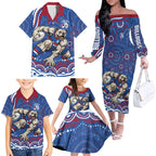 Personalized Western Bulldogs Football Mascot Family Matching Off The Shoulder Long Sleeve Dress and Hawaiian Shirt Aboriginal Dot Art - Dreamtime Football Mascot