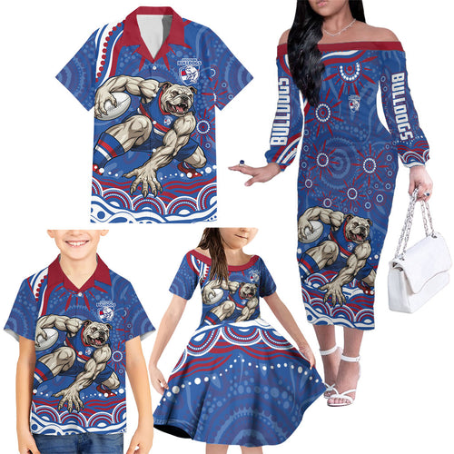Personalized Western Bulldogs Football Mascot Family Matching Off The Shoulder Long Sleeve Dress and Hawaiian Shirt Aboriginal Dot Art - Dreamtime Football Mascot