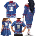 Personalized Western Bulldogs Football Mascot Family Matching Off The Shoulder Long Sleeve Dress and Hawaiian Shirt Aboriginal Dot Art - Dreamtime Football Mascot