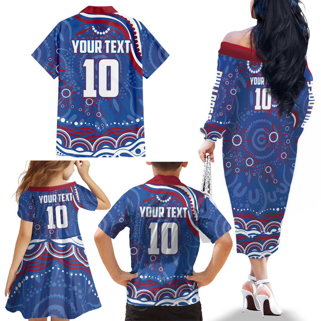 Personalized Western Bulldogs Football Mascot Family Matching Off The Shoulder Long Sleeve Dress and Hawaiian Shirt Aboriginal Dot Art - Dreamtime Football Mascot