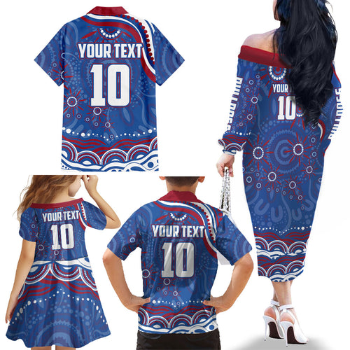 Personalized Western Bulldogs Football Mascot Family Matching Off The Shoulder Long Sleeve Dress and Hawaiian Shirt Aboriginal Dot Art - Dreamtime Football Mascot