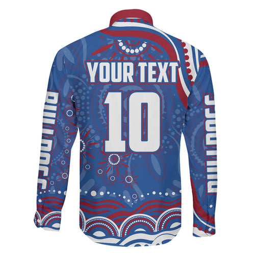 Personalized Western Bulldogs Football Mascot Family Matching Off The Shoulder Long Sleeve Dress and Hawaiian Shirt Aboriginal Dot Art - Dreamtime Football Mascot