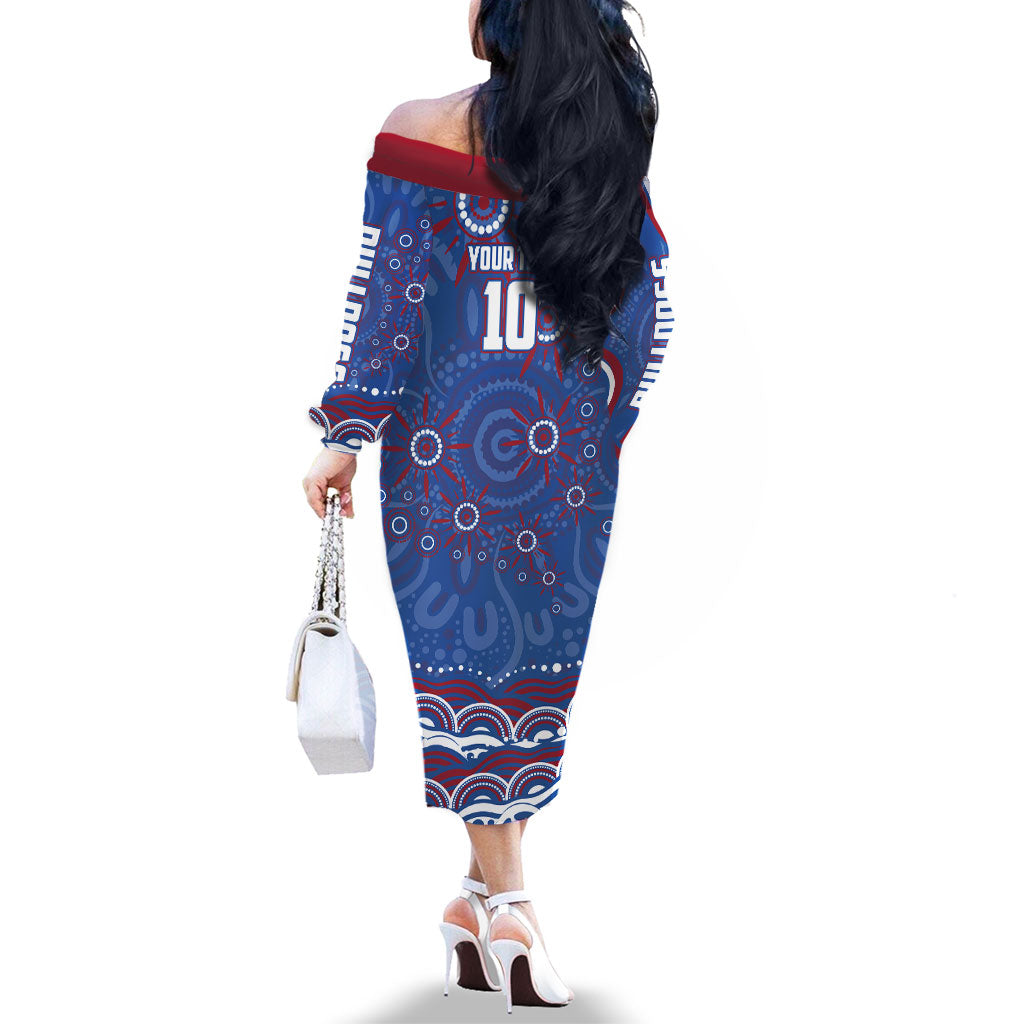 Personalized Western Bulldogs Football Mascot Family Matching Off The Shoulder Long Sleeve Dress and Hawaiian Shirt Aboriginal Dot Art - Dreamtime Football Mascot