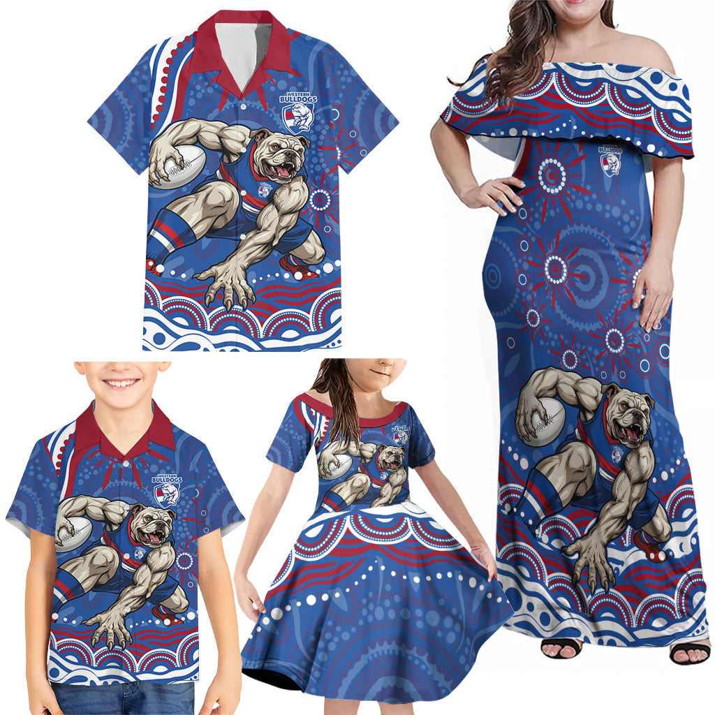 Personalized Western Bulldogs Football Mascot Family Matching Off Shoulder Maxi Dress and Hawaiian Shirt Aboriginal Dot Art - Dreamtime Football Mascot