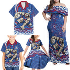 Personalized Western Bulldogs Football Mascot Family Matching Off Shoulder Maxi Dress and Hawaiian Shirt Aboriginal Dot Art - Dreamtime Football Mascot