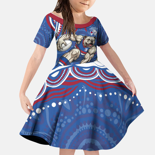 Personalized Western Bulldogs Football Mascot Family Matching Off Shoulder Maxi Dress and Hawaiian Shirt Aboriginal Dot Art - Dreamtime Football Mascot