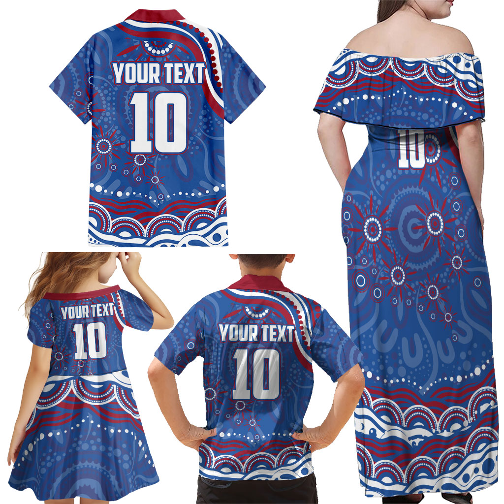 Personalized Western Bulldogs Football Mascot Family Matching Off Shoulder Maxi Dress and Hawaiian Shirt Aboriginal Dot Art - Dreamtime Football Mascot