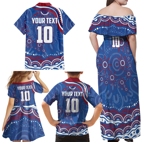 Personalized Western Bulldogs Football Mascot Family Matching Off Shoulder Maxi Dress and Hawaiian Shirt Aboriginal Dot Art - Dreamtime Football Mascot