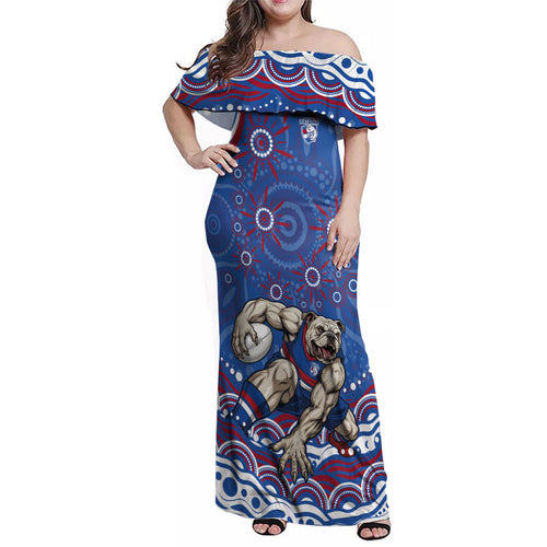 Personalized Western Bulldogs Football Mascot Family Matching Off Shoulder Maxi Dress and Hawaiian Shirt Aboriginal Dot Art - Dreamtime Football Mascot