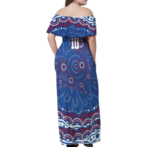 Personalized Western Bulldogs Football Mascot Family Matching Off Shoulder Maxi Dress and Hawaiian Shirt Aboriginal Dot Art - Dreamtime Football Mascot