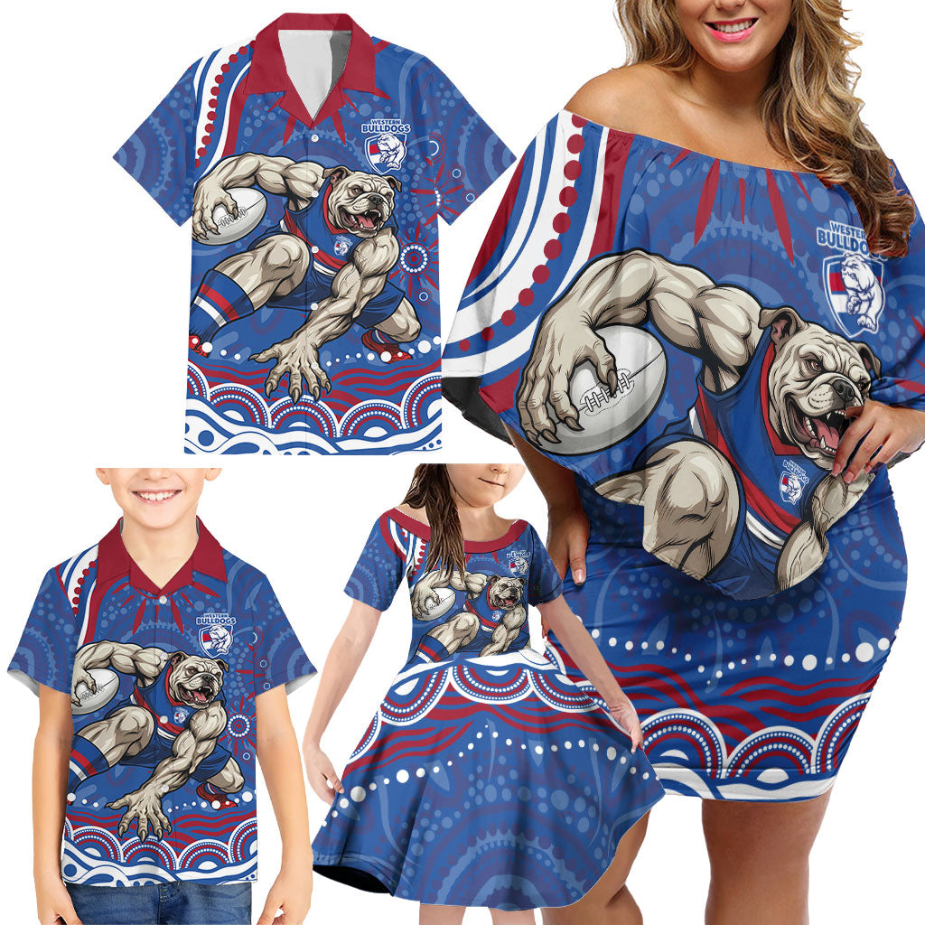 Personalized Western Bulldogs Football Mascot Family Matching Off Shoulder Short Dress and Hawaiian Shirt Aboriginal Dot Art - Dreamtime Football Mascot