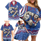 Personalized Western Bulldogs Football Mascot Family Matching Off Shoulder Short Dress and Hawaiian Shirt Aboriginal Dot Art - Dreamtime Football Mascot