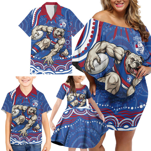 Personalized Western Bulldogs Football Mascot Family Matching Off Shoulder Short Dress and Hawaiian Shirt Aboriginal Dot Art - Dreamtime Football Mascot