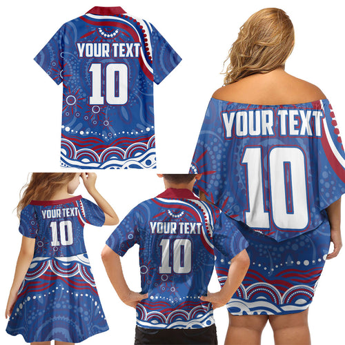 Personalized Western Bulldogs Football Mascot Family Matching Off Shoulder Short Dress and Hawaiian Shirt Aboriginal Dot Art - Dreamtime Football Mascot