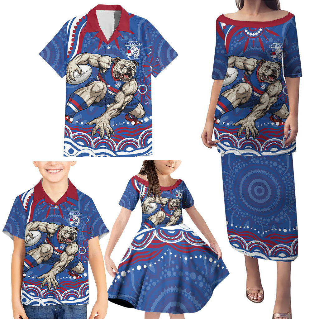 Personalized Western Bulldogs Football Mascot Family Matching Puletasi and Hawaiian Shirt Aboriginal Dot Art - Dreamtime Football Mascot