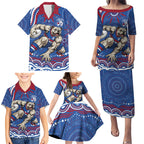 Personalized Western Bulldogs Football Mascot Family Matching Puletasi and Hawaiian Shirt Aboriginal Dot Art - Dreamtime Football Mascot