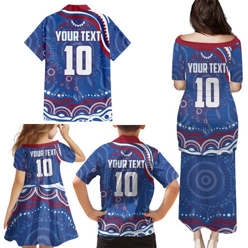 Personalized Western Bulldogs Football Mascot Family Matching Puletasi and Hawaiian Shirt Aboriginal Dot Art - Dreamtime Football Mascot