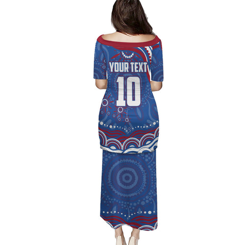 Personalized Western Bulldogs Football Mascot Family Matching Puletasi and Hawaiian Shirt Aboriginal Dot Art - Dreamtime Football Mascot