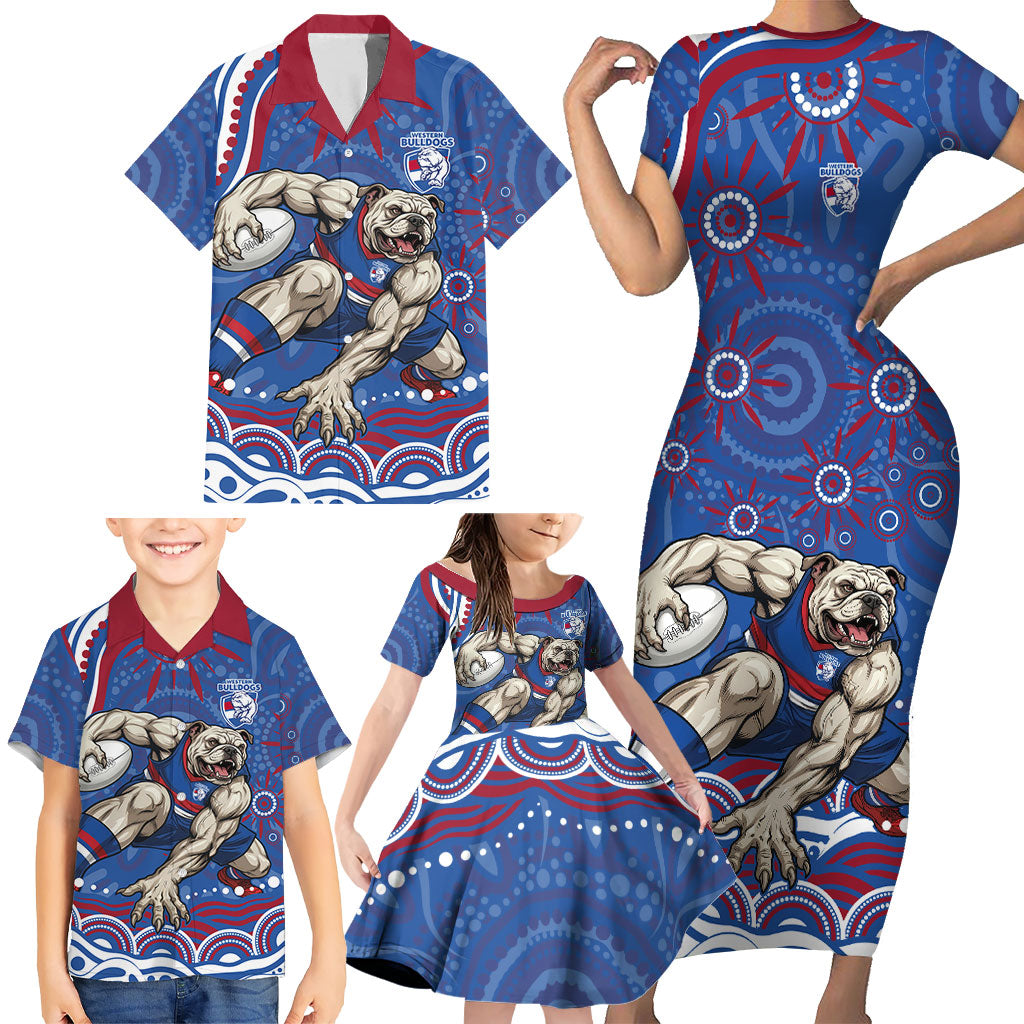 Personalized Western Bulldogs Football Mascot Family Matching Short Sleeve Bodycon Dress and Hawaiian Shirt Aboriginal Dot Art - Dreamtime Football Mascot