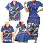 Personalized Western Bulldogs Football Mascot Family Matching Short Sleeve Bodycon Dress and Hawaiian Shirt Aboriginal Dot Art - Dreamtime Football Mascot