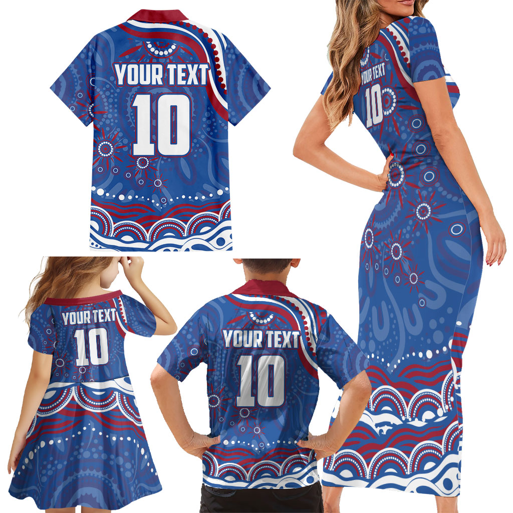 Personalized Western Bulldogs Football Mascot Family Matching Short Sleeve Bodycon Dress and Hawaiian Shirt Aboriginal Dot Art - Dreamtime Football Mascot