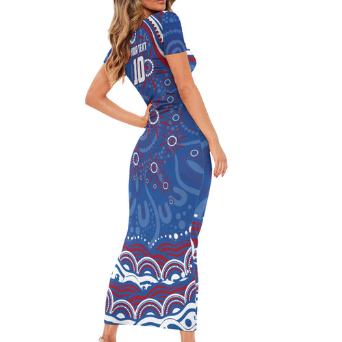 Personalized Western Bulldogs Football Mascot Family Matching Short Sleeve Bodycon Dress and Hawaiian Shirt Aboriginal Dot Art - Dreamtime Football Mascot