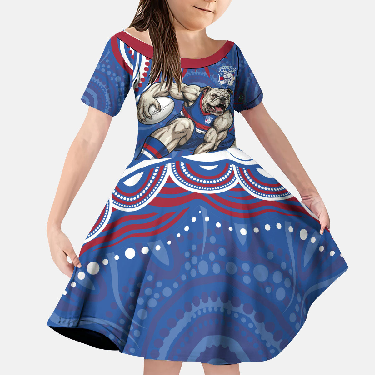 Personalized Western Bulldogs Football Mascot Kid Short Sleeve Dress Aboriginal Dot Art - Dreamtime Football Mascot