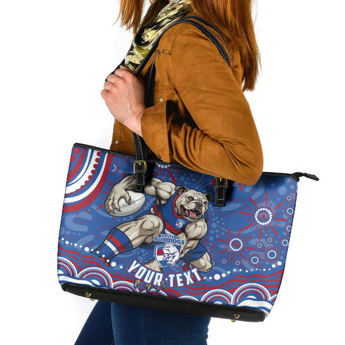 Personalized Western Bulldogs Football Mascot Leather Tote Bag Aboriginal Dot Art - Dreamtime Football Mascot