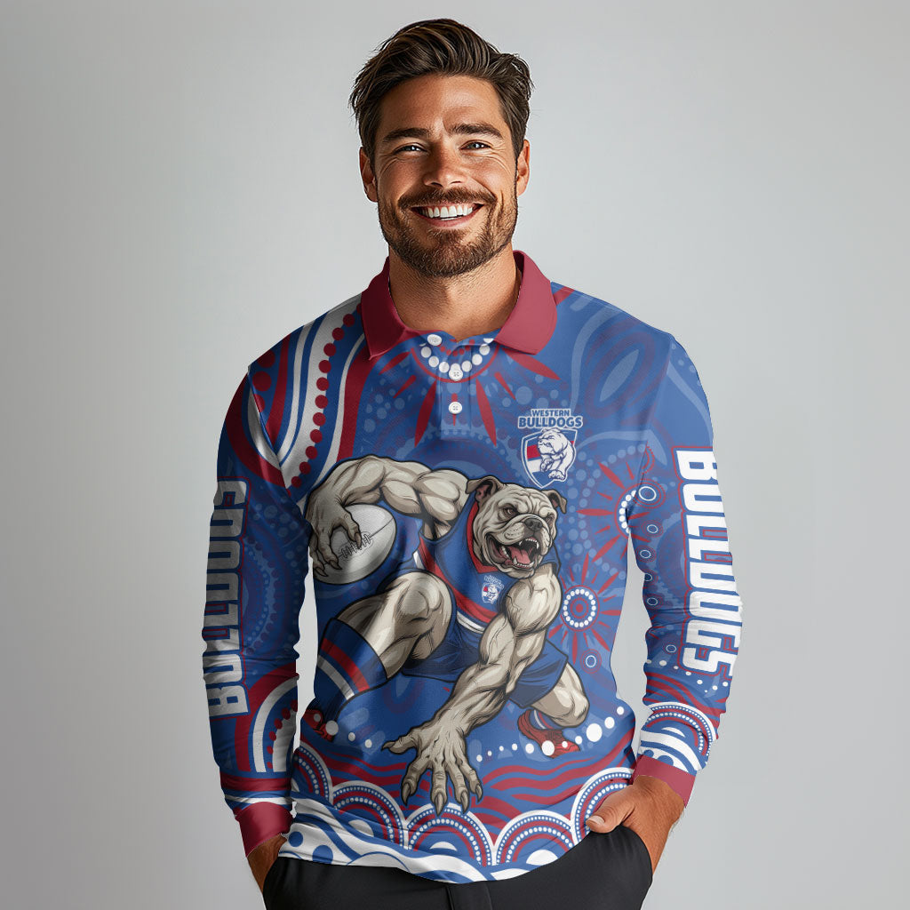 Personalized Western Bulldogs Football Mascot Long Sleeve Polo Shirt Aboriginal Dot Art - Dreamtime Football Mascot