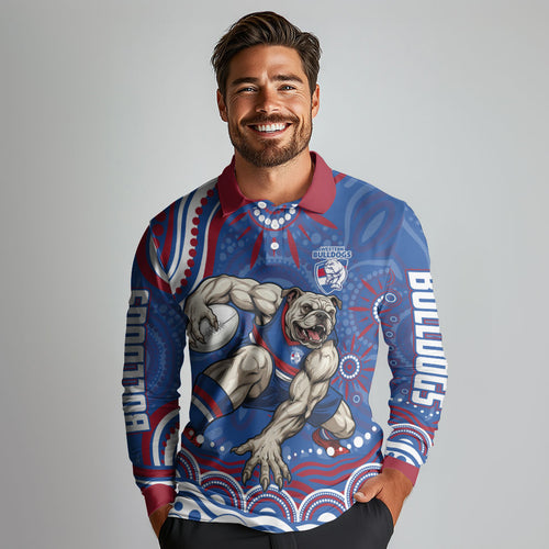 Personalized Western Bulldogs Football Mascot Long Sleeve Polo Shirt Aboriginal Dot Art - Dreamtime Football Mascot