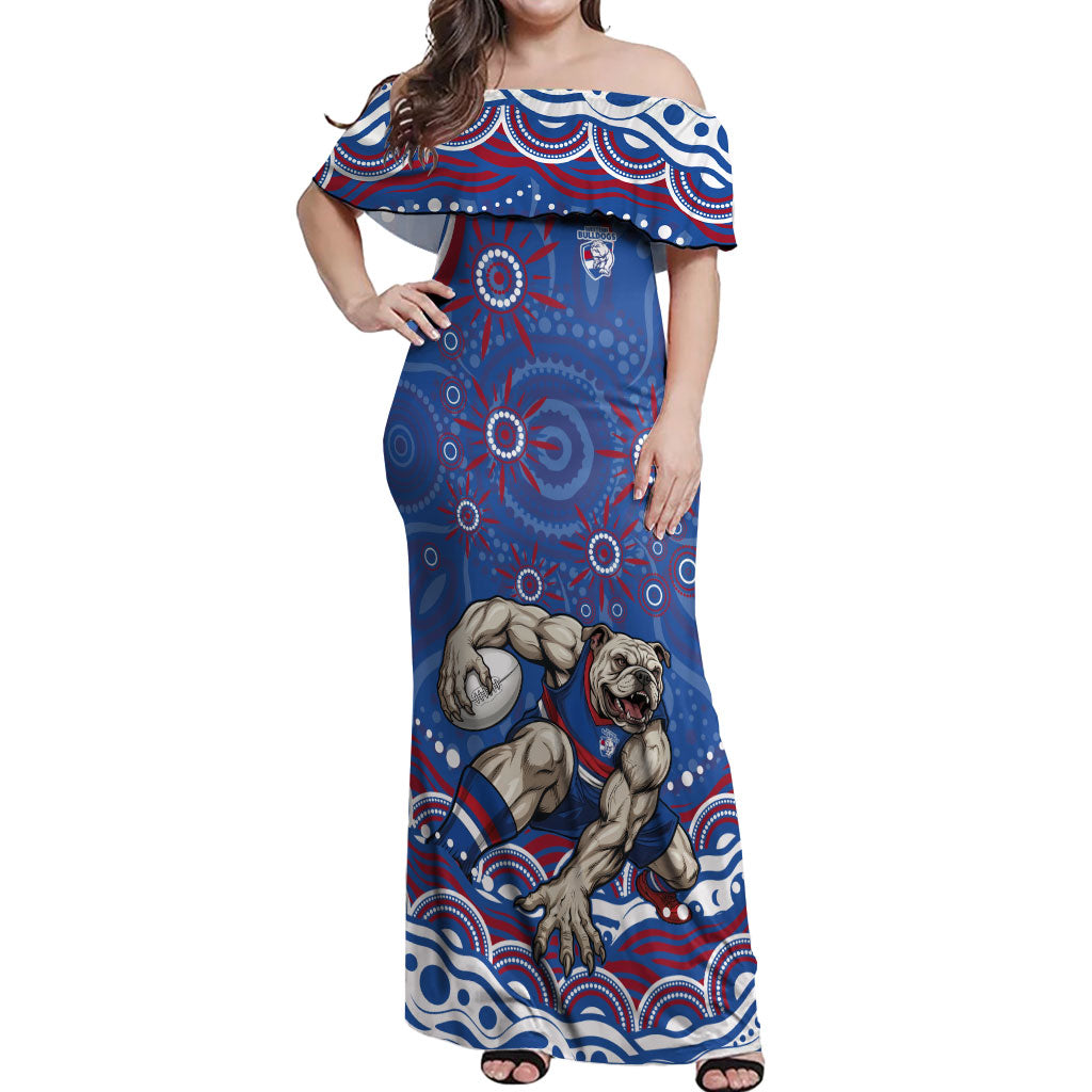 Personalized Western Bulldogs Football Mascot Off Shoulder Maxi Dress Aboriginal Dot Art - Dreamtime Football Mascot