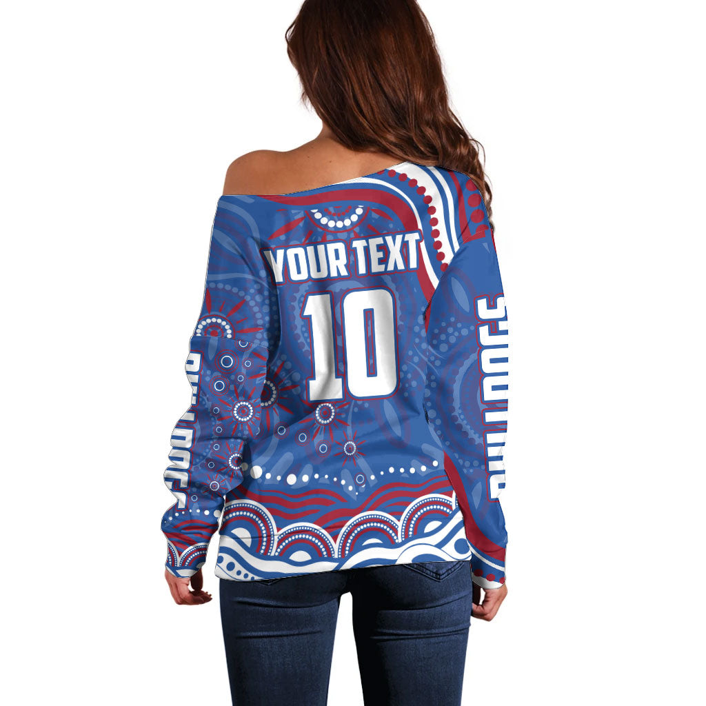 Personalized Western Bulldogs Football Mascot Off Shoulder Sweater Aboriginal Dot Art - Dreamtime Football Mascot