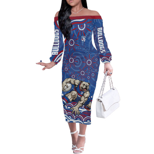 Personalized Western Bulldogs Football Mascot Off The Shoulder Long Sleeve Dress Aboriginal Dot Art - Dreamtime Football Mascot