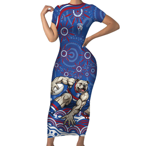 Personalized Western Bulldogs Football Mascot Short Sleeve Bodycon Dress Aboriginal Dot Art - Dreamtime Football Mascot