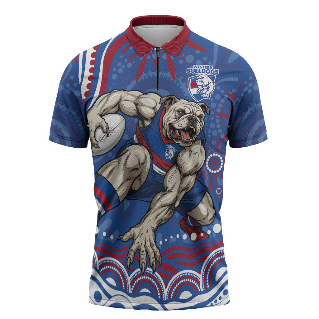 Personalized Western Bulldogs Football Mascot Zipper Polo Shirt Aboriginal Dot Art - Dreamtime Football Mascot