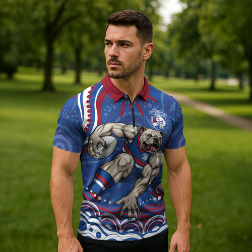 Personalized Western Bulldogs Football Mascot Zipper Polo Shirt Aboriginal Dot Art - Dreamtime Football Mascot