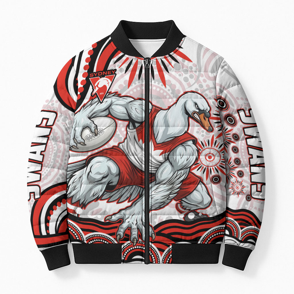 Personalized Sydney Swans Football Mascot Bomber Puffer Jacket Aboriginal Dot Art - Dreamtime Football Mascot