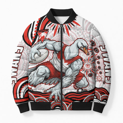 Personalized Sydney Swans Football Mascot Bomber Puffer Jacket Aboriginal Dot Art - Dreamtime Football Mascot