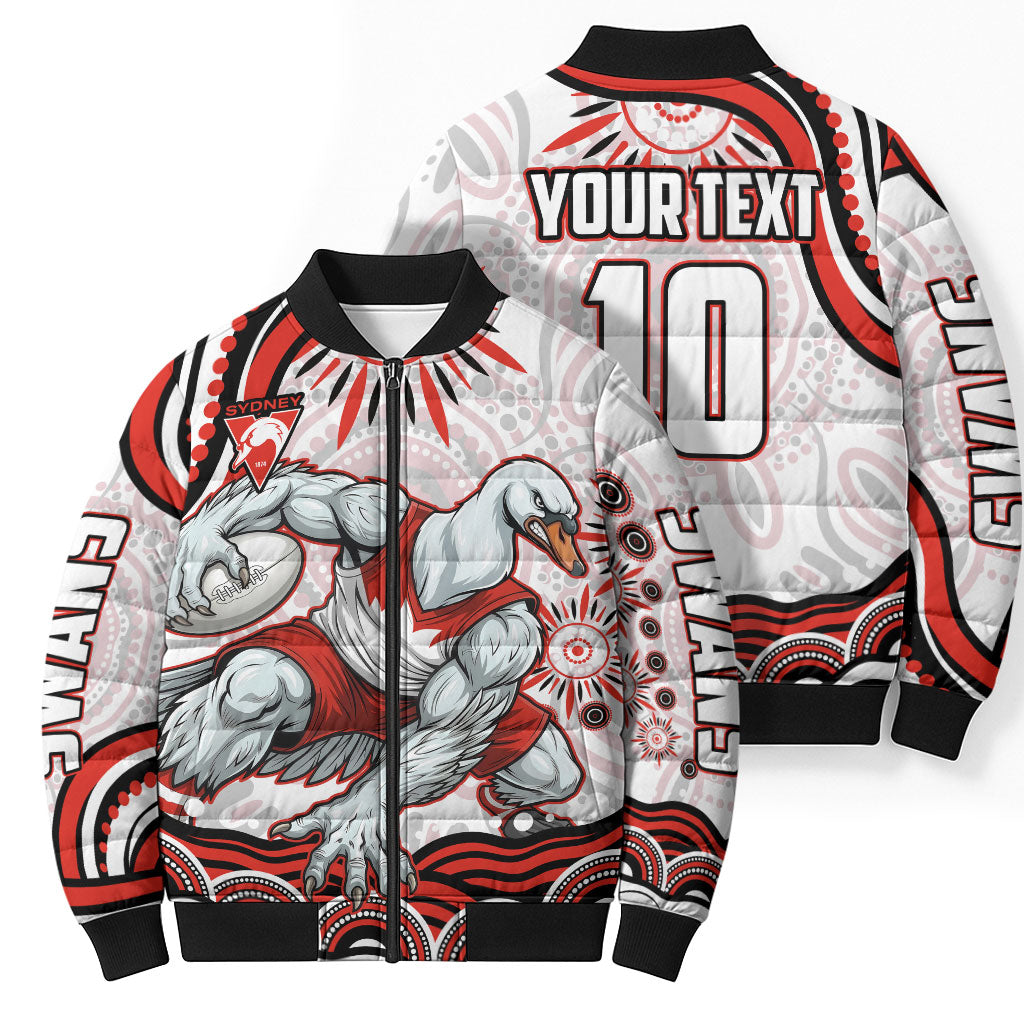 Personalized Sydney Swans Football Mascot Bomber Puffer Jacket Aboriginal Dot Art - Dreamtime Football Mascot